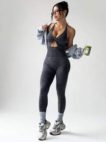 Rhythm Era 女士无缝运动瑜伽双层吊带连体裤/前扭结设计/露背/收腹提臀/哑光质感/时尚性感/健身/跑步/跳跃/百搭 - 黑色 - 查看 8