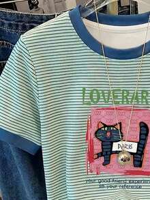 Resyla 女士休闲条纹猫咪标语印花T恤，夏季 - 藍色 - 查看 4