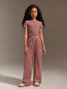 SHEIN 青少年女孩 2件/套 條紋長袖圓領T恤與寬腿褲套裝，休閒條紋戶外運動夏季穿搭 - 紅白色 - 查看 3