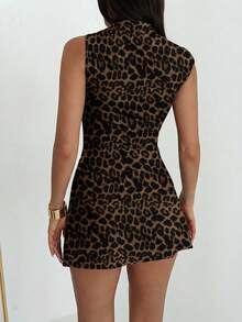 Aloruh Elegant Leopard Print Metal Decor Ruched Umbrella Hem Mini Dress, Suitable For Vacation, Date,Summer Dresses Women - White - View 4