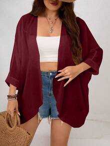 SHEIN Clasi Plus Size Women Solid Color Casual Loose Long Sleeve Jacket - Burgundy - View 3