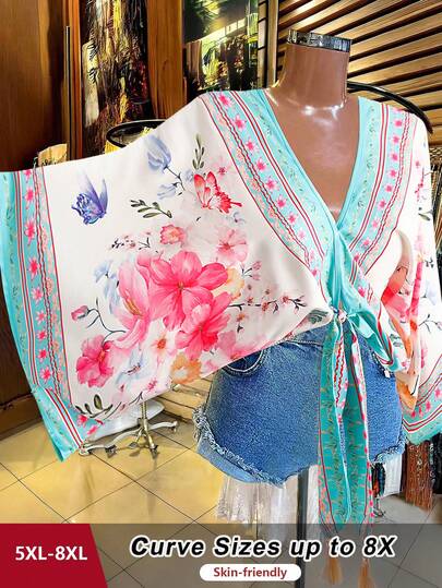 SHEIN CURVE+ Plus Size Women's V-Neck Floral Print Contrast Color Elegant Vintage Casual Tie Waist Blouse, Spring/Summer