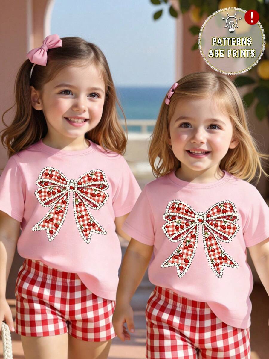 Spring And Summer Baby Girls' Casual Fashion Creative Personalized Fresh Cute Minimalist Cherry, Plaid, Bow Decor Pattern Print Comfortable Basic Short T-Shirt, Cozy Summer And Fall Styles Suitable For Spring, Summer, Autumn, Casual Outgoing Tops - Hot Pink - View 1