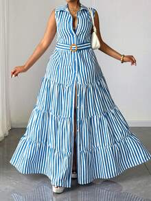 Maweii French Retro Casual Turndown Collar Striped Slimming Sleeveless Shirt Dress - Blue - View 4