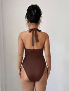 Gloray Mono de vacaciones sexy negro con cuello halter, volantes y ajuste ceñido para estilizar la figura - Marrón - Ver 2