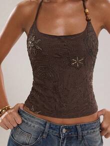 SHEIN BAE 女士休闲度假纹理针织海星串珠装饰吊带背心，适合海滩度假、姐妹休闲出游、音乐节、Y2K风格、纹理上衣、度假休闲纹理上衣、法国南部度假、巴厘岛度假、伊比沙岛度假、沙滩上衣 - 巧克力棕 - 查看 6