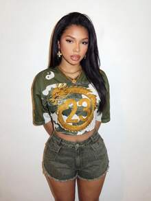 Slaydiva Áo thun nữ dáng rộng in hình rồng, tay ngắn, vai rớt - Nhiều màu - Xem 7