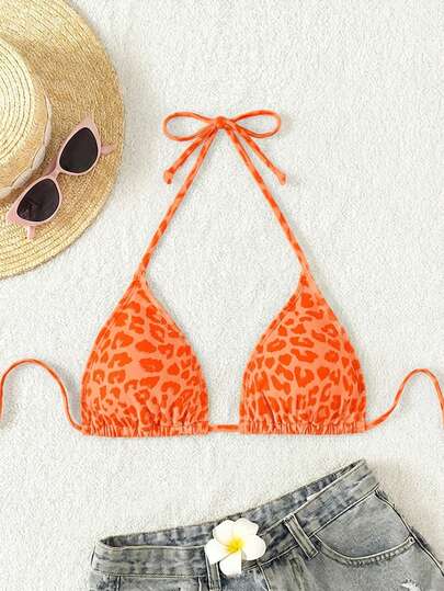 Swim Vcay 2025 Women's Summer Vacation Leopard Print Halter Bikini Top