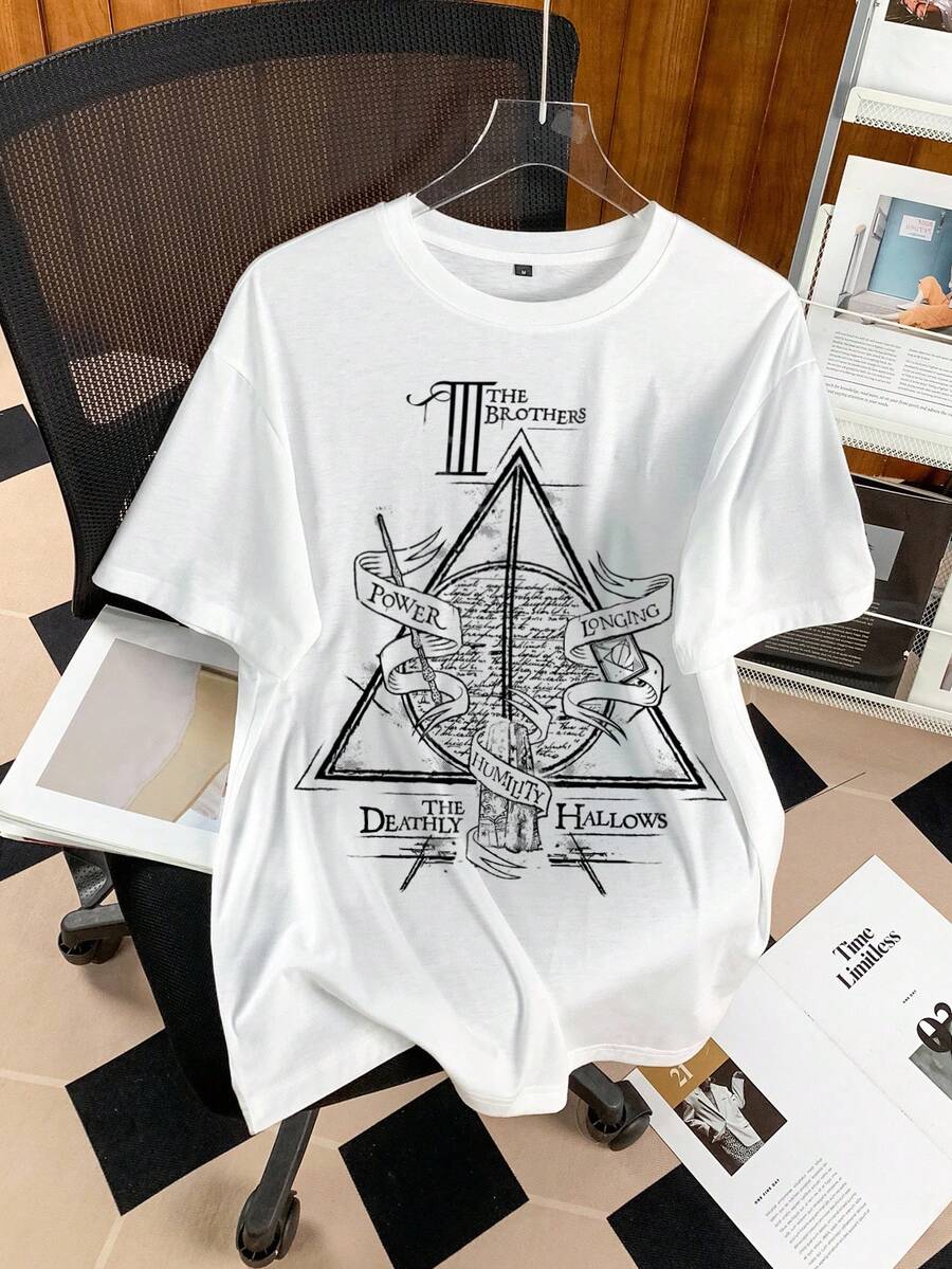 HARRY POTTER X SHEIN Áo thun nam tay ngắn cổ tròn in chữ và hình đồ họa - trắng - Xem 1