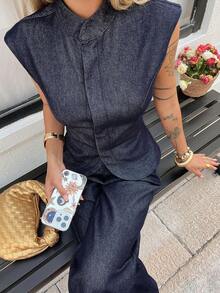 DAZY Women's Cotton Sleeveless Mock Neck Fitted Top And Casual Straight Leg Jeans Suit, Suitable For Commuting And Office, Summer - Blue - View 5