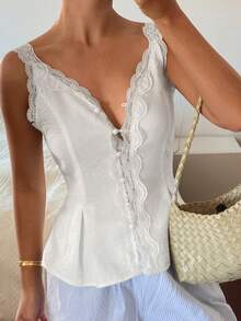 DAZY Áo hai dây nữ thanh lịch mùa hè, thắt eo bằng ren tương phản, dáng xòe, thích hợp cho kỳ nghỉ. - trắng - Xem 5