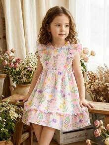 SHEIN Playful Pals 少女淡粉色仙女夏日洋裝，兔子印花雪紡荷葉袖公主裙，適合生日拍照、派對、上學、日常穿著 - 粉色 - 查看 5