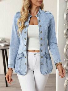 EMERY ROSE Plus Size Lapel Long Sleeve Double-Breasted Fashionable Versatile Denim Jacket - Blue - View 4