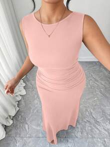 Elenzga Women's Elegant Sleeveless Round Neck A-Line Dress, Waist Ruched Design, Solid Knit Fabric - Pink - View 7