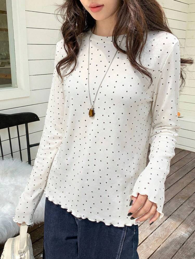 Women's Round Neck Polka Dot Long Sleeve T-Shirt, Spring/Autumn
