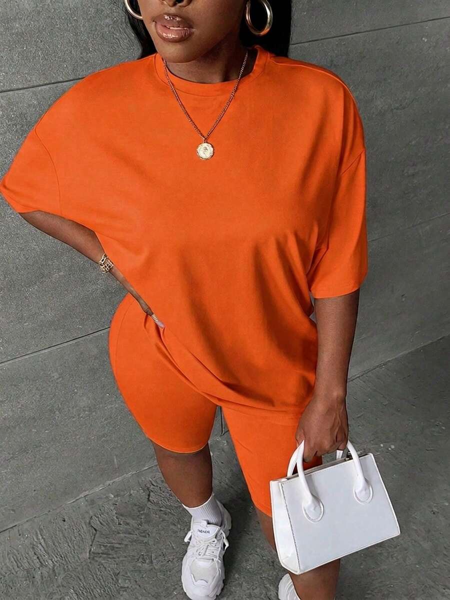 Slaydiva Setelan 2 Potong Kaos Lengan Pendek dan Celana Pendek Warna Polos Kasual Musim Panas Ukuran Besar - Jeruk - View 1