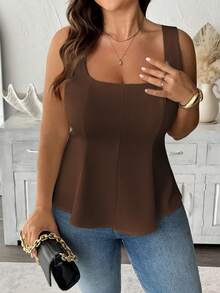 Vionelle Plus Size Women Summer Elegant Brown Sleeveless Blouse,Autumn Everyday Casual Wave Hem Vest Top,Classy Office Holiday Workwear Business Fashion Tops - Coffee Brown - View 6