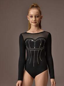 Tween Girls Gymnastics Leotard A Professional Gymnastics Jumpsuit With High Elasticity And Soft Black Energetic Patterns, Sparkling Rhinestones, Full Body Tight Gymnastics Bodysuit - Black - View 4