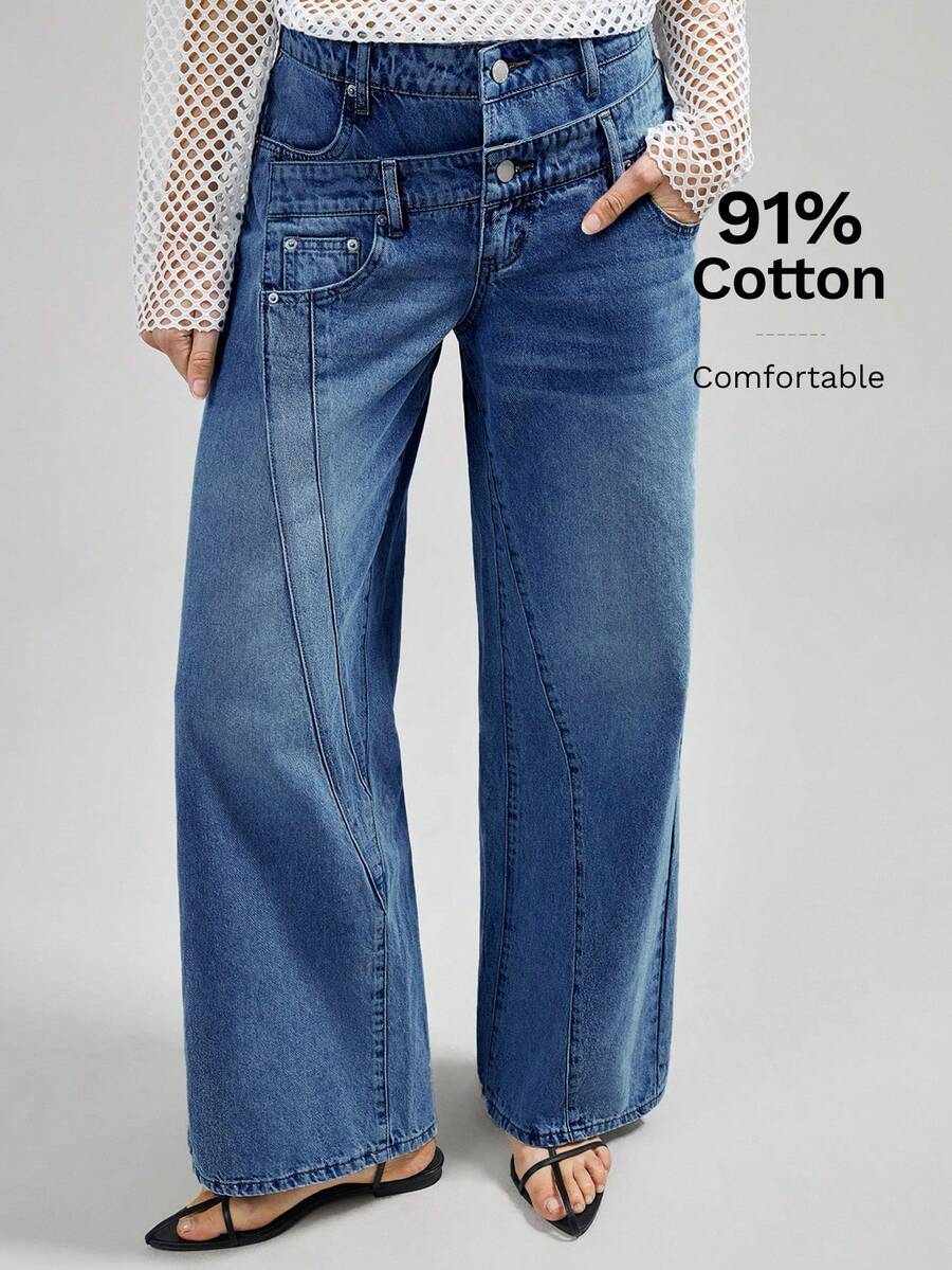Ontre Quần jeans nữ dáng suông, có túi, kiểu dáng thường ngày, đa năng, thích hợp cho việc đi lại trong thành phố, phong cách tối giản, thời trang công sở. - Rửa tối - Xem 1