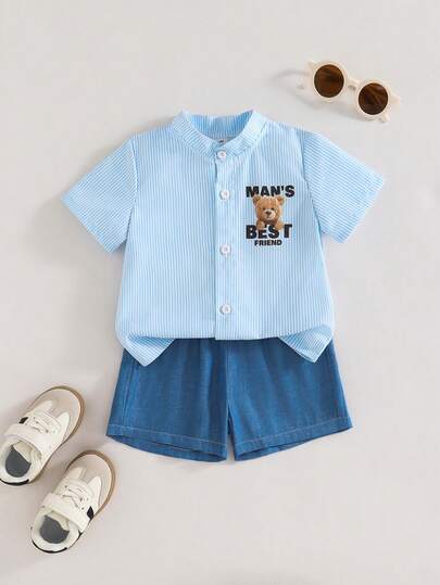 SHEIN Playful Pals Bộ đồ 2 món cho bé trai/bé gái từ 6-36 tháng tuổi, gồm áo sơ mi ngắn tay in hình gấu sọc màu mơ và quần short kaki trơn cạp chun, thích hợp cho mùa xuân/hè, mặc thường ngày, đi chơi hoặc đi nghỉ mát.
