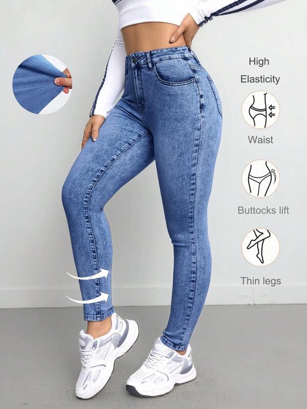 SHEIN Tall Pantalones vaqueros ajustados y elásticos para mujer, azules, para mujeres altas