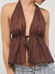 COUREZ Gebundenes transparentes Top / Y2K Sommerkleidung für Frauen, braune ärmellose Tops, Ausgehoutfit, Sommeroutfit, Konzertoutfit, Frühlingsoutfit für Frauen - Kaffeebraun - Übersicht 6