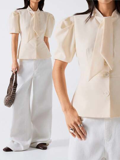 LYSMO 2026 New Arrive Minimalism Spring/Summer Women's Solid Color Tie Collar Single-Breasted Petal Sleeve Fashionable Commuter Thin Blazer Blouse For Women Elegant Classy Blouse For Women Formal Attire French Style Blouse New Arrival Blouse Best Saler