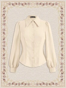 Vintamour Women's Solid Color Front Button Elegant Office Long Sleeve Shirt - Khaki - View 3