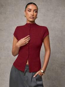SHEIN BAE 女士秋季服装纯色高领短袖单排扣休闲女式上衣，纽扣针织衫，抓绒毛衣上衣，冬季服装 - 酒紅色 - 查看 4