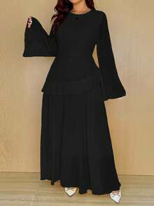 Vionelle Plus Size Solid Color Round Neck Ruffle Hem Elegant Long Sleeve Dress - Black - View 3