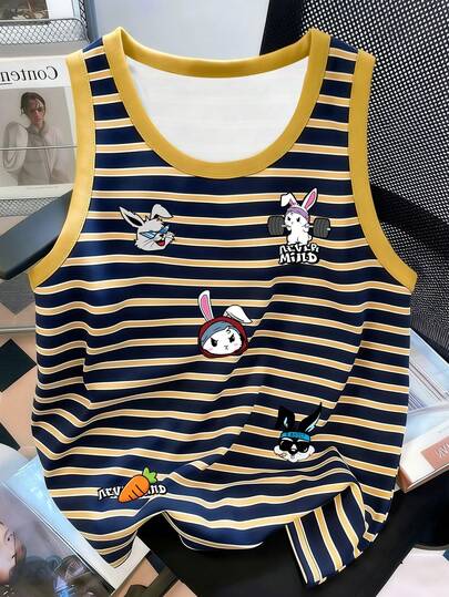 Manfinity Joysei Men's Striped Rabbit Print Tank Top, Casual Sports Style Funny Rabbit Print Striped Tank Top, Easter Vest