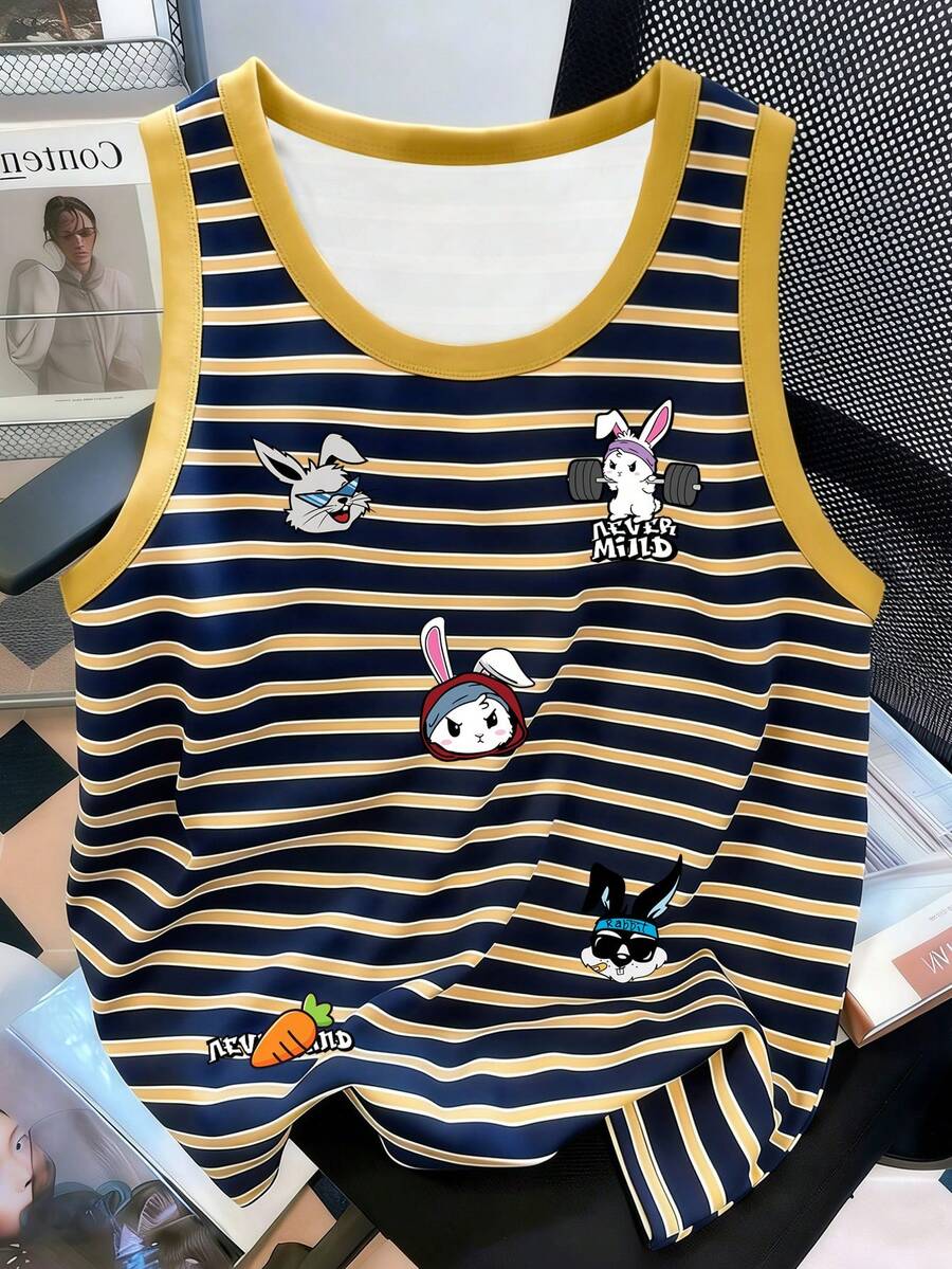 Manfinity Joysei Men's Striped Rabbit Print Tank Top, Casual Sports Style Funny Rabbit Print Striped Tank Top, Easter Vest - Multicolor - View 1
