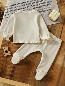 新生儿柔软有机棉华夫格针织杏色圆领露肩长袖紧身袖口上衣和长裤两件套 - 杏色 - 查看 2