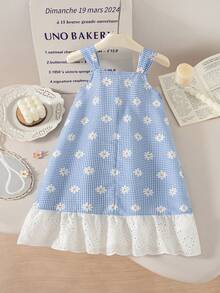 Elladie kids Đầm không tay xếp ly họa tiết hoa cúc kẻ caro cho bé gái, viền thêu, dáng rộng, ngọt ngào và thoải mái, thích hợp cho mùa hè, đi biển, nghỉ mát. - Màu xanh lam - Xem 2