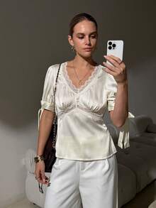 Lavishia Women's Elegant Satin & Lace Patchwork Blouse, Spring/Summer - Apricot - View 4