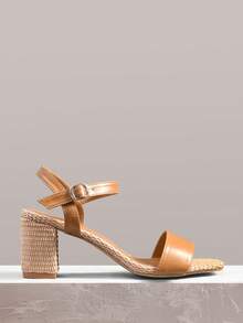 Styleloop 女士方头粗跟浅棕色踝带编织凉鞋，户外简约透气舒适波西米亚西部风音乐节假日风格女式凉鞋 - 淺棕色 - 查看 3