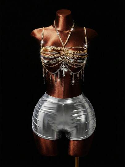 Mistrie Women's Chain Decor Music Festival Vest, Women's Music Festival Vest, Women's Sexy Vest,Summer,  Graduation ,Party Outfit  , Beach Outfits  , Y2K , Sequin  Music Festival  Party, Rhinestone Embellished Shiny, Suitable For Bar Party, Carnival, Club Wear Bikini Body Chain Chain Bra Top Bikini Jewellery Rhinestone Chain Top Rhinestone Bra Top