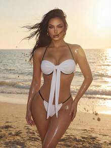 Swim SXY 新款纯色性感系带比基尼泳衣（女款） - 白色 - 查看 3