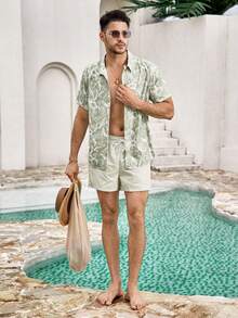 Mercer Haus Calções de praia masculinos de verão com estampa total e cordão na cintura, estilo havaiano, ideais para férias tropicais de verão no Havaí. - Caqui - Ver 3