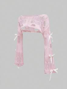 ROMWE Kawaii Áo len nữ cổ tròn không đối xứng nơ rỗng cỡ lớn dễ thương và mềm mại - Hồng - Xem 3