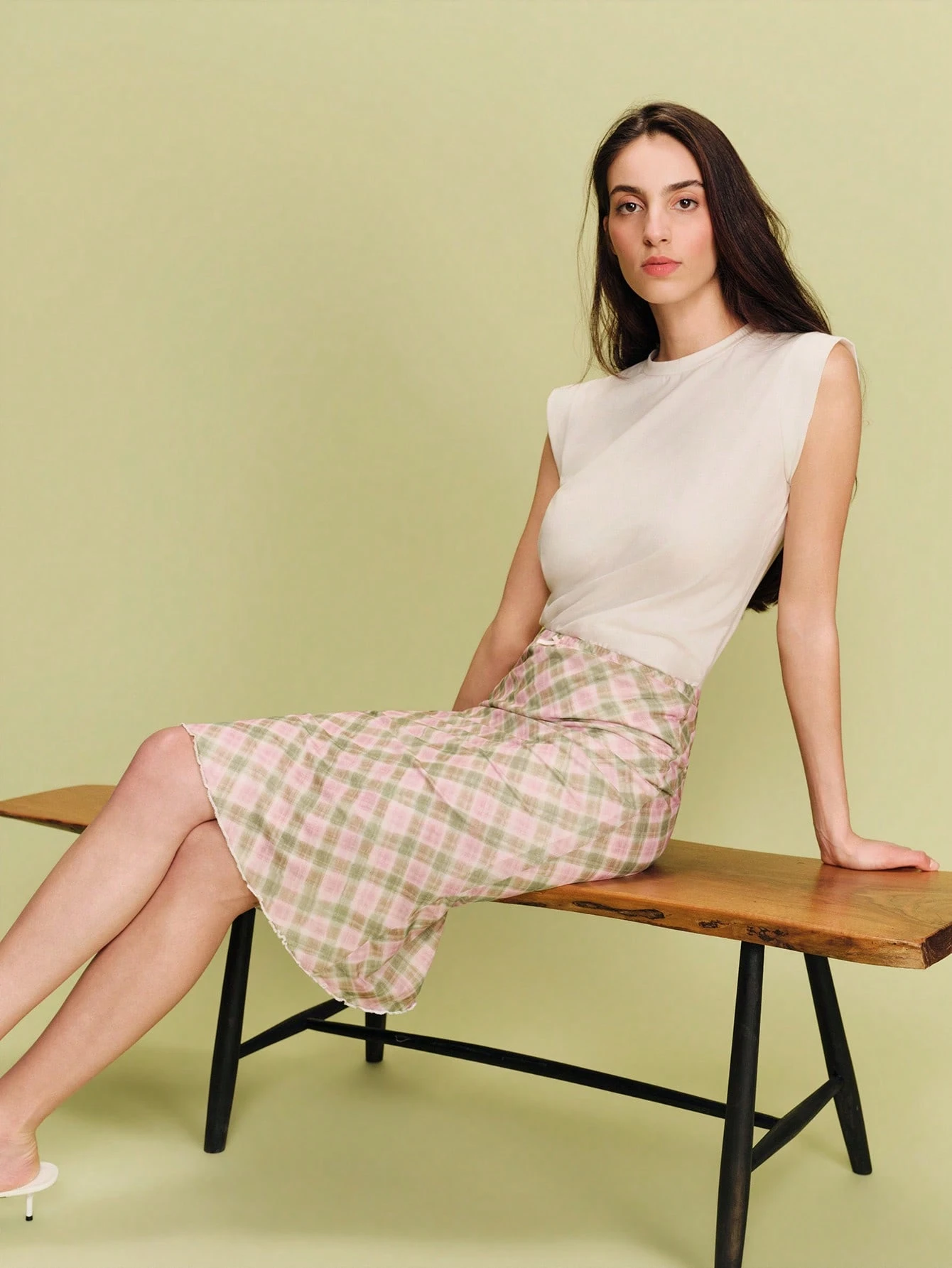 Midi Plaid Bias-Cut Mesh Skirt With Soft Drape