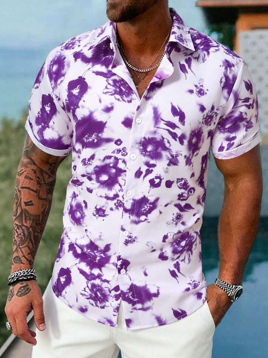 Genlund Áo sơ mi tay ngắn mùa hè kiểu dáng thường ngày, cài nút phía trước, nhuộm tie-dye (in ngẫu nhiên), thích hợp cho kỳ nghỉ lễ. - Nhiều màu - Xem 1