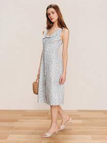 lacRébo Đầm midi Coquette mùa xuân/hè với cổ áo kiểu công chúa và họa tiết kẻ sọc lượn sóng. - Màu xanh lam - Xem 5