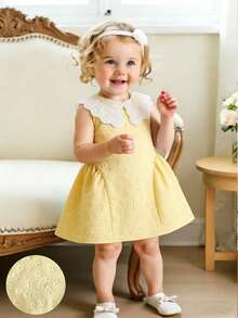SHEIN Elladie kids Đầm công chúa ngọt ngào thêu hoa cho bé gái, đầm hè không tay bằng vải hoa màu vàng. - Màu vàng - Xem 3