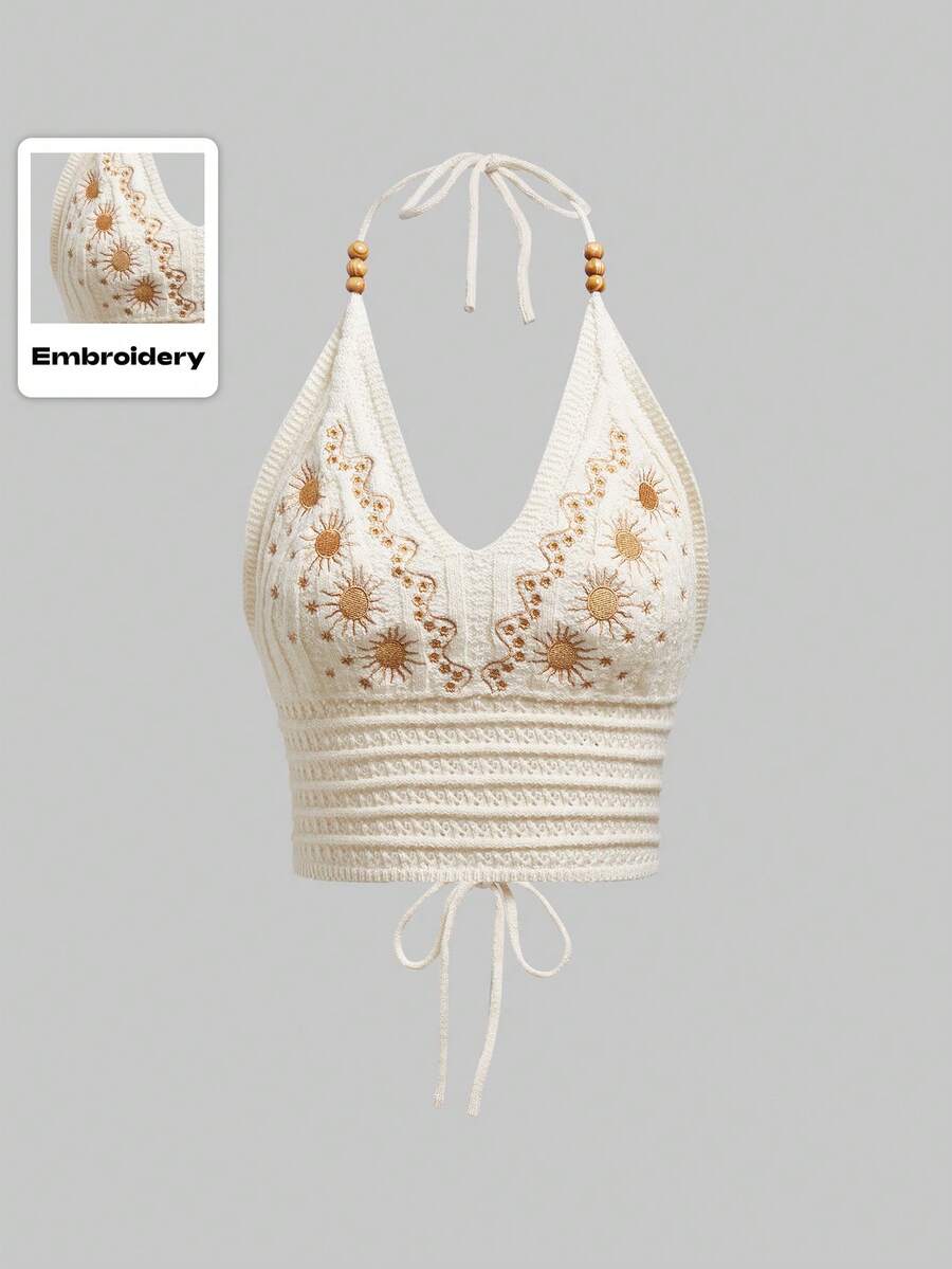 ROMWE Hippie Summer Embroidered Cross Strap Backless Halter Crochet Knit Top - Apricot - View 1