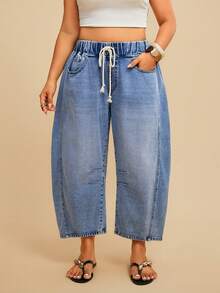 SHEIN TRVLCHIC Quần jeans ống loe cạp chun dành cho nữ cỡ lớn, phong cách thường ngày năng động, thích hợp đi làm, đường phố. - Rửa nhẹ - Xem 4