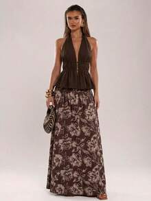 SHEIN BAE Women's Solid Dark Brown Seductive Backless Halter Camisole Top,Summer,Date,Beach,Vacation,Waist Ruched,Casual,Street Wear,Sisters Outing - Brown - View 3