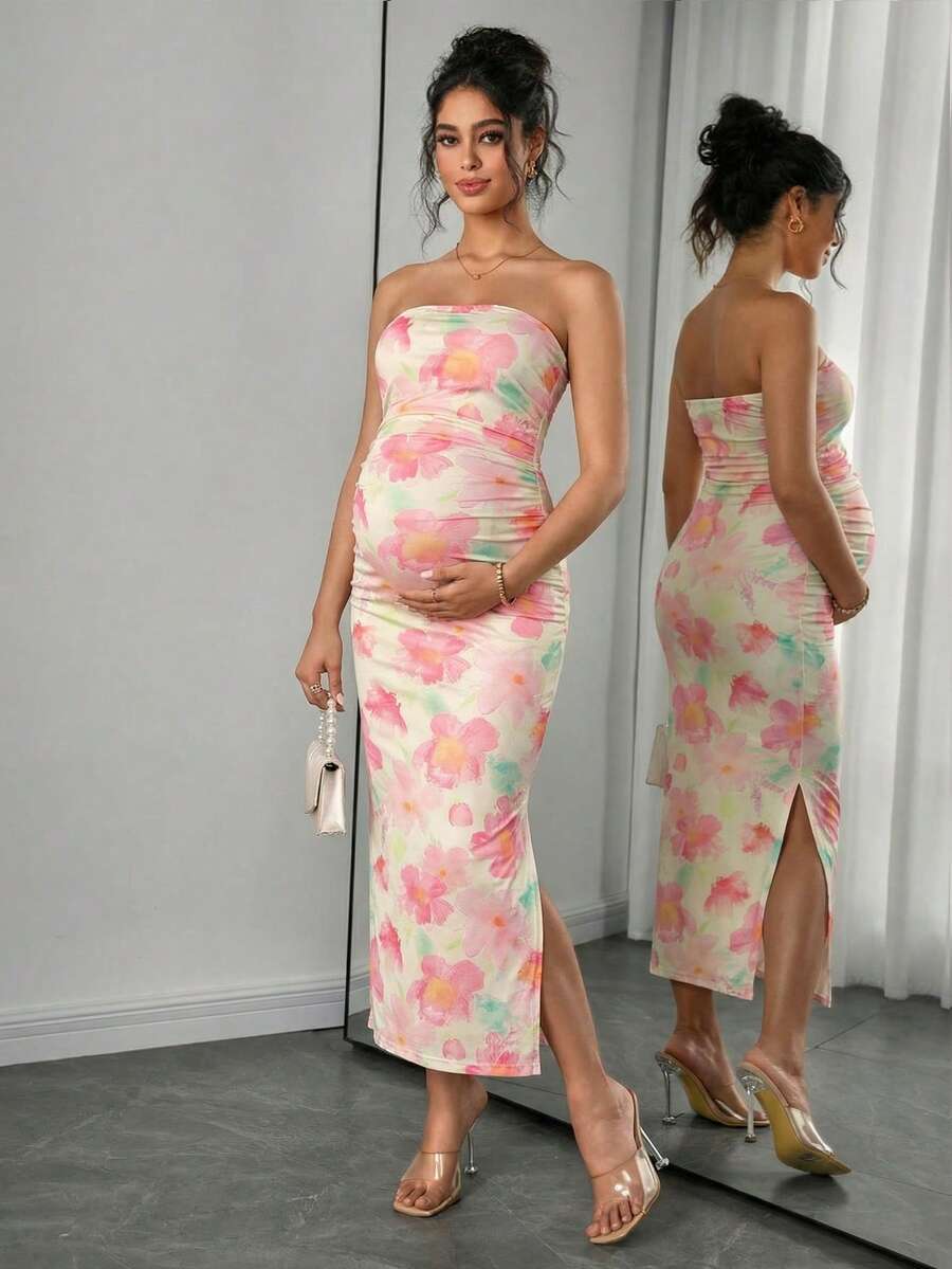 Momance Printed Tight Bandeau Maxi Casual Maternity Dress - Multicolor - View 1