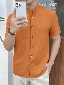 HIMLAND Men's Summer Woven Casual Commuter Front Button Short Sleeve Shirt - Orange - View 5