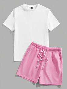 Manfinity Homme Men's Standard Size White Short Sleeve T-Shirt And Pink Woven Shorts Set - Multicolor - View 2